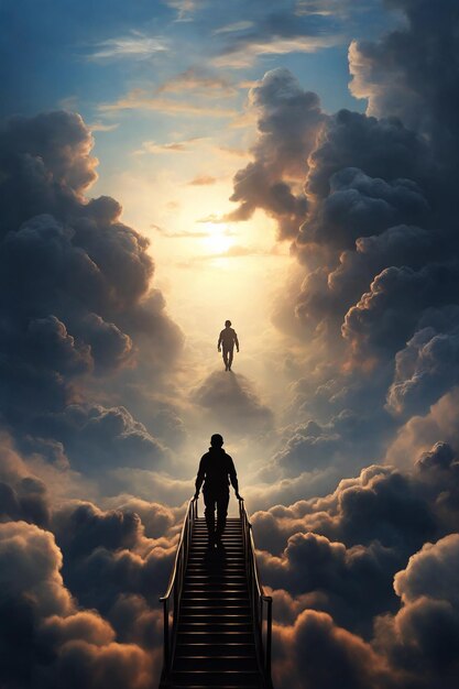 Фото Силуэт человека, поднимающегося по лестнице в небе.