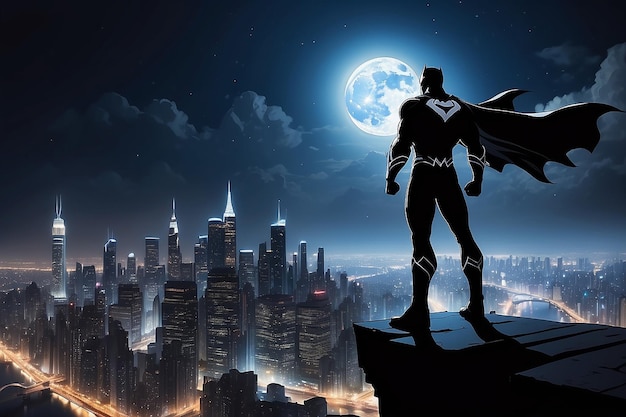 写真 夜の都市風景と満月を背景にした建物のに立っているスーパーヒーローのシルエット