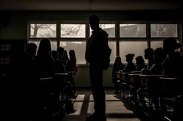 写真 学校の教室に立つ教師のシルエット