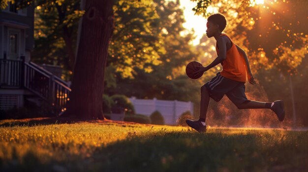 写真 家の近くの芝生に沿って走っている夕陽の光線でティーンエイジャーのシルエット