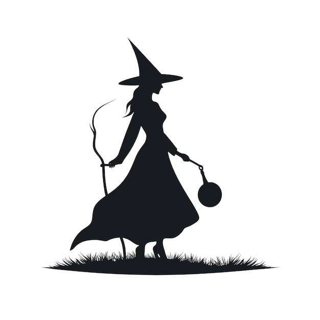 Фото Силуэт ведьмы с метлой и шляпой, держащей метлу