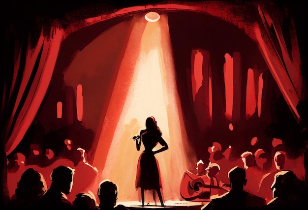 写真 舞台上で観客の群衆の前で歌っている女性のシルエット 赤いai生成