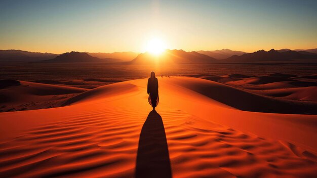 Фото Силуэт женщины, идущей по пустыне со светящимся небом.