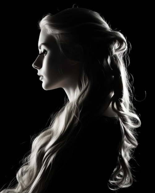 Фото Силуэт женщины с длинными волосами в темноте