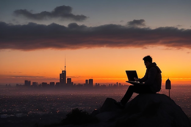 写真 デジタルノマドのシルエットが丘の頂上に座って ⁇ 夕暮れに街の上でラップトップで作業しています ⁇