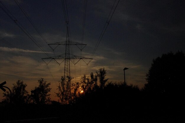 写真 夕暮れの電気柱のシルエット