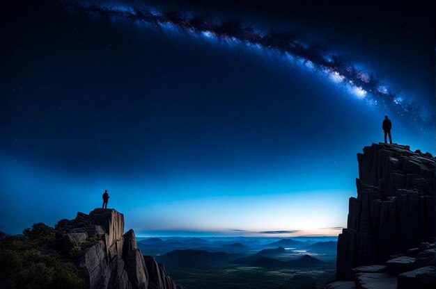 사진 밤하늘에서 높은 바위 위에 서 있는 사람의 실루, 별이 아오르는 안개 배경, 밤 풍경의 놀라운 그림, 동화, 우주 개념, 광고 문자 공간, 생성 ai 일러스트레이션