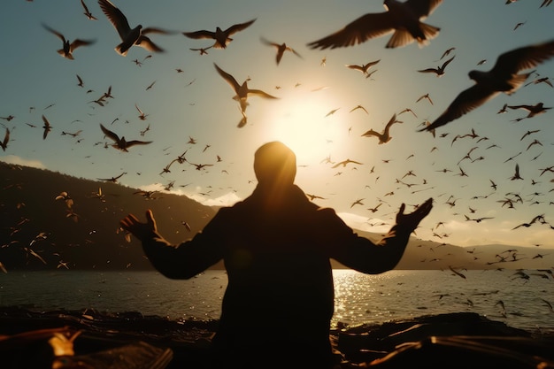 写真 海岸に立っている男のシルエット落ちる太陽の光で飛ぶ多くの鳥の間