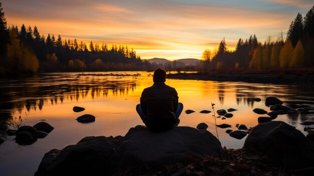 写真 夕暮れの静かな湖で瞑想している人のシルエット