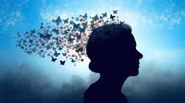 写真 頭の周りに蝶を持つ年配の女性のシルエット メンタルヘルスのコンセプト