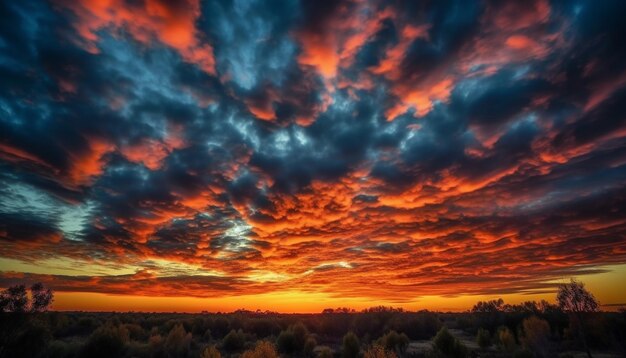 写真 夕暮れ時の劇的な空を背景にした木のシルエット ai が生成した息を呑むような美しさ