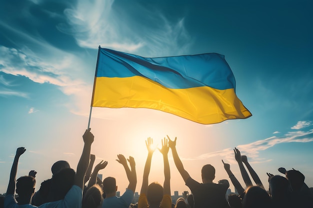 写真 手を挙げて国旗を振るウクライナ人のシルエット