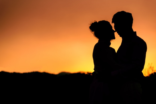 愛のキスと夕方の空の背景と日没時に一緒に手を握ってで結婚式のカップルのシルエット