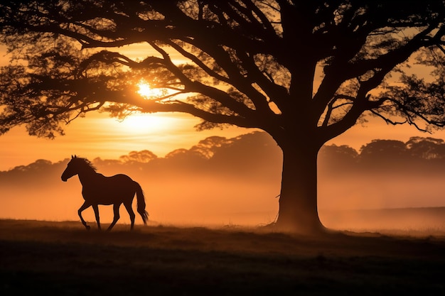 Фото Силуэт дикой лошади под деревом генеративный ии