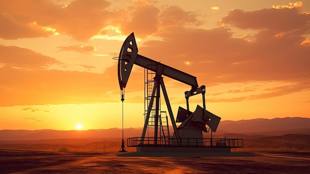 Silhouette of oil pump industrial equipment at sunset power industry machines for producing petroleum gas Generative Ai