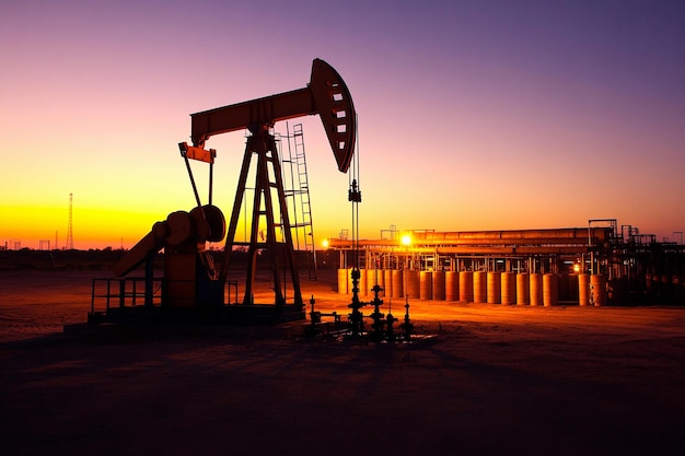 Силуэт нефтяного насоса на закате на фоне яркого неба, наполненного глубокими цветами