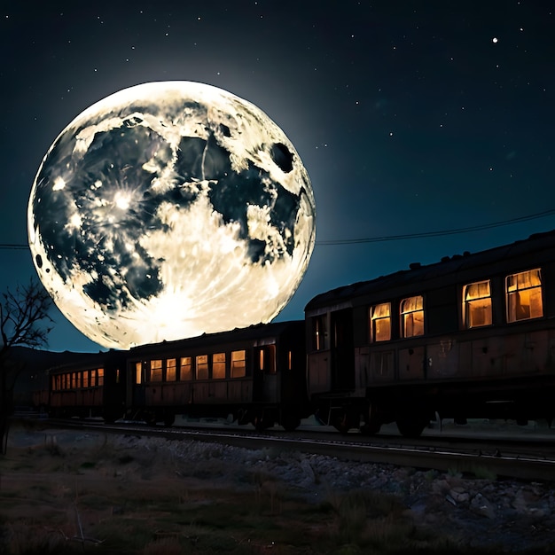 古い廃墟の列車のシルエットが人工知能によって描かれた満月を背景に