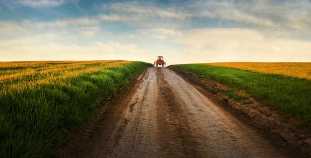 Silhouette of old tractor in country road on the way to home