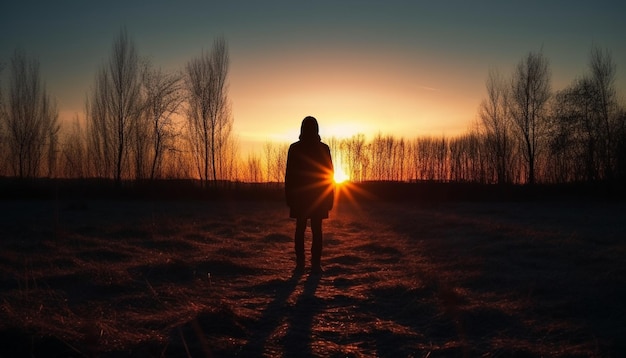 Silhouette of one person walking in solitude generated by AI