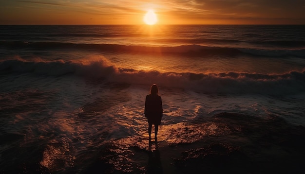 Silhouette of one woman walking on beach generated by AI