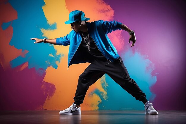 The silhouette of one young hip hop male break dancer dancing on colorful background