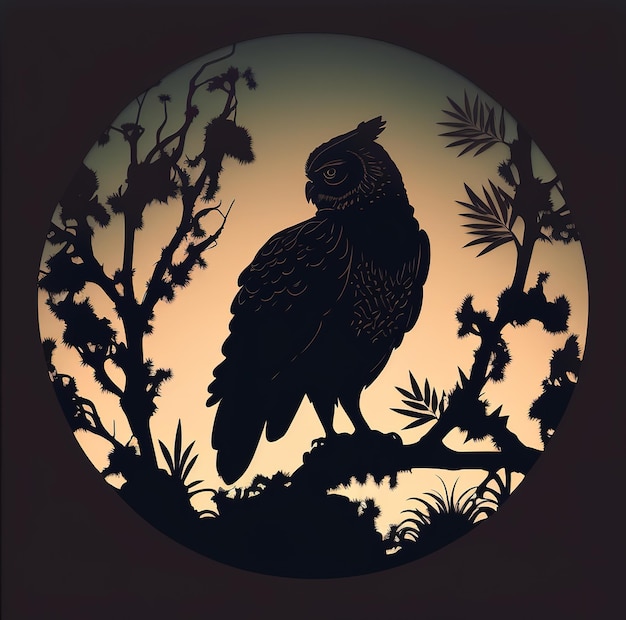 A silhouette of an owl sitting on a branch against sunset moon light