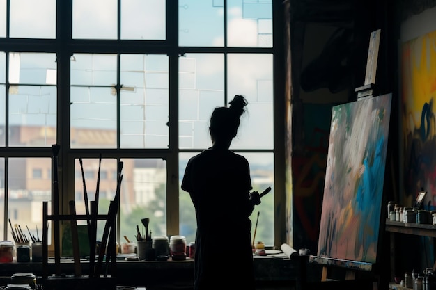 Silhouette of painter against large window in studio