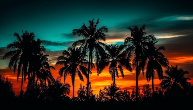 Silhouette of palm tree against vibrant sunset generated by AI