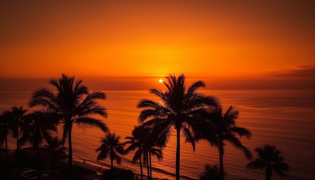 Silhouette of palm tree against vibrant sunset generated by AI