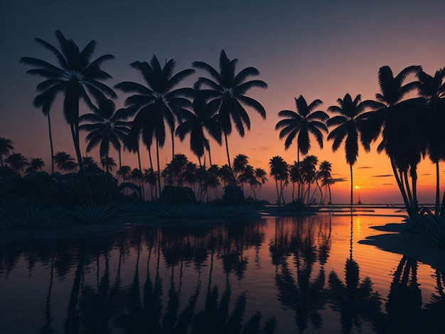 Silhouette of a palm tree with a reflection in the water