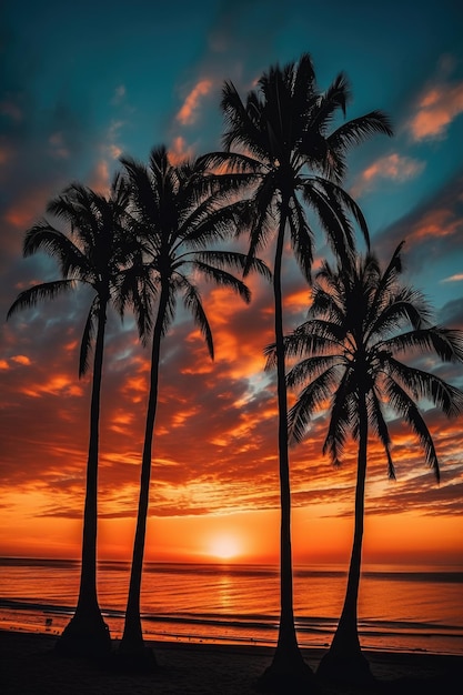 Silhouette of palm trees against a sunset created with generative ai