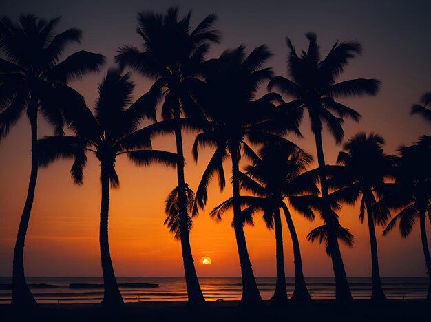 Silhouette of palm trees on the beach at sunset time ai generative