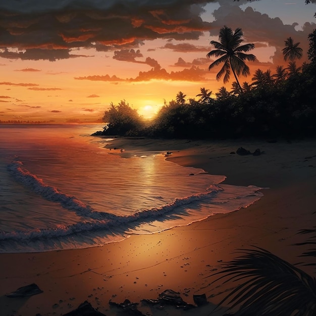 ヤシの木のシルエット 休日の旅行のための熱帯の海のビーチの背景に美しい夕日