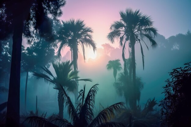 Silhouette of palm trees in the mist at sunrise Generative AI