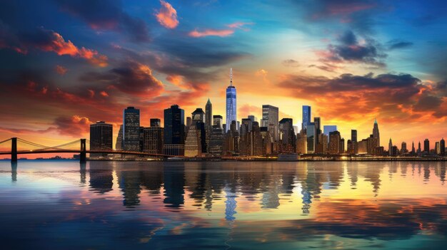 Silhouette panorama of Manhattan s midtown at sunset featuring skyscrapers and a vibrant sky over the East River