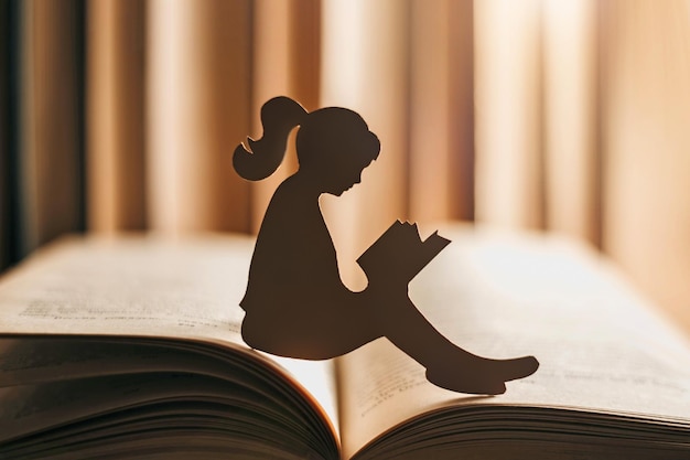 Silhouette of a paper girl reading an old book in the library sitting on an open book