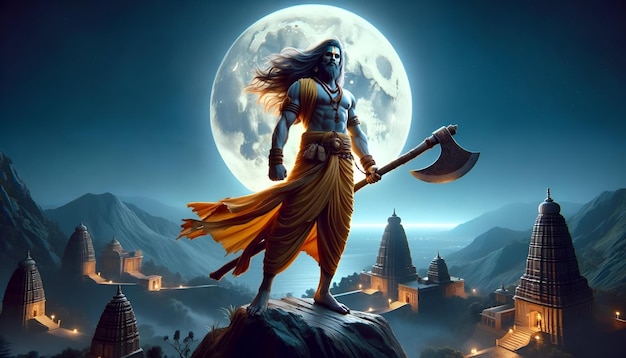 Silhouette of parshuram holding an axe against a full moon background