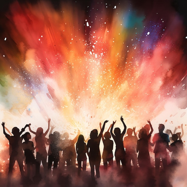 Silhouette of a Party Crowd on a Watercolor Background Energetic Celebration