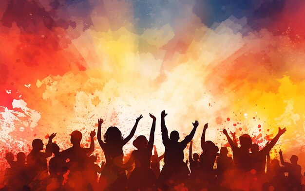 Silhouette of a Party Crowd on a Watercolor Background Energetic Celebration