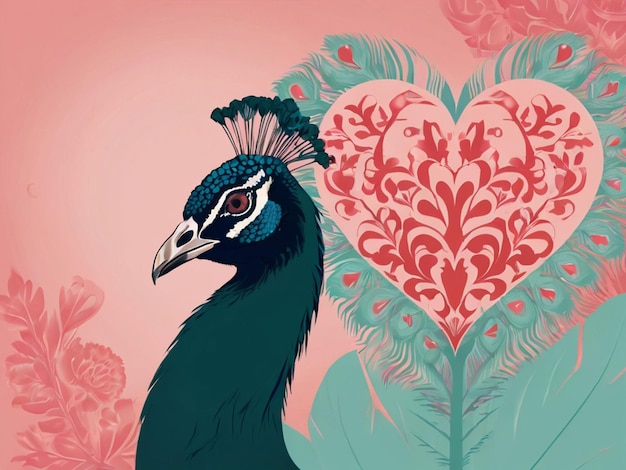 silhouette of peacock bird in heart shape on pastel background love