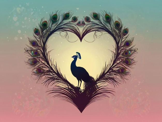 silhouette of peacock bird in heart shape on pastel background love