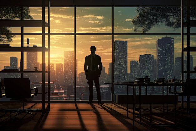 해가 지는 동안 사무실에서 고민하는 사업가의 실루 ⁇  남자는 밤 도시 배경에 창 근처에 서 있습니다