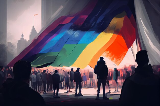 Photo silhouette of people on the background of the rnbow city pride concept