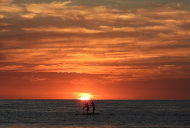 Silhouette people on beach against sky during sunset