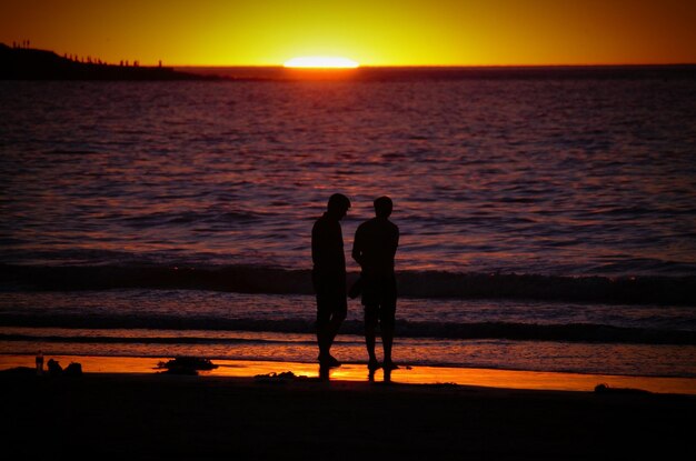 Silhouette people on beach at sunset