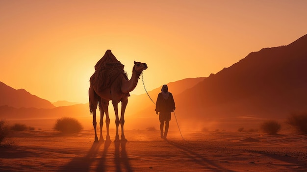 Photo silhouette of people and camel crossing the desert