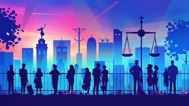 Silhouette of people city and balances of justice International criminal justice