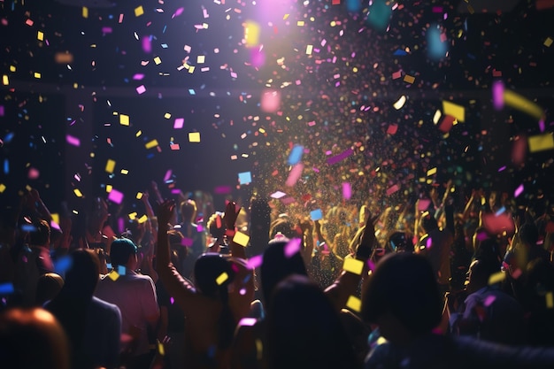 Silhouette of people at concert or music festival with neon lights AI