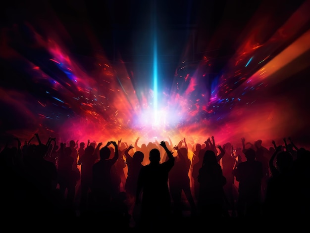 Silhouette of people dancing in a nightclub under strobe lights