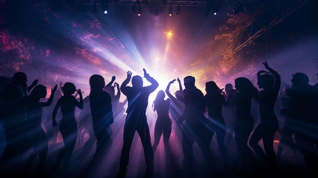 Silhouette of people dancing in a nightclub under